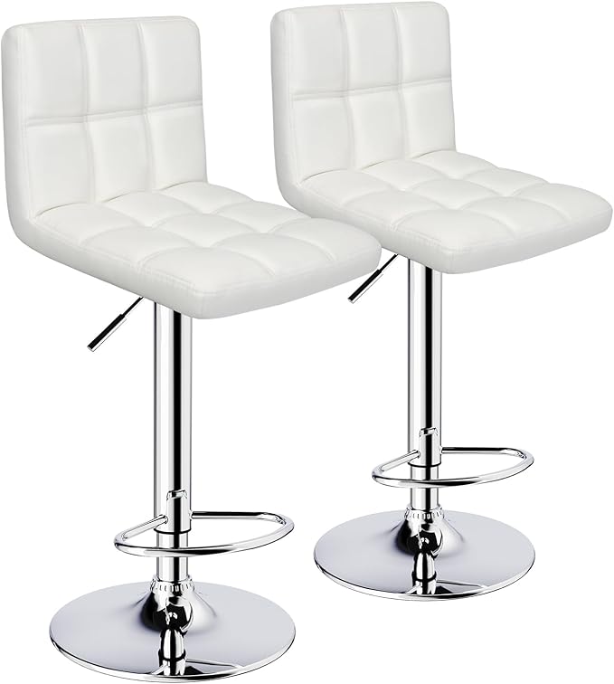 Bar Stools Set of 2,Armless Adjustable Swivel Barstools with Back,6-Squares Double Needle PU Leather Counter Height Bar Stools for Kitchen Island,White