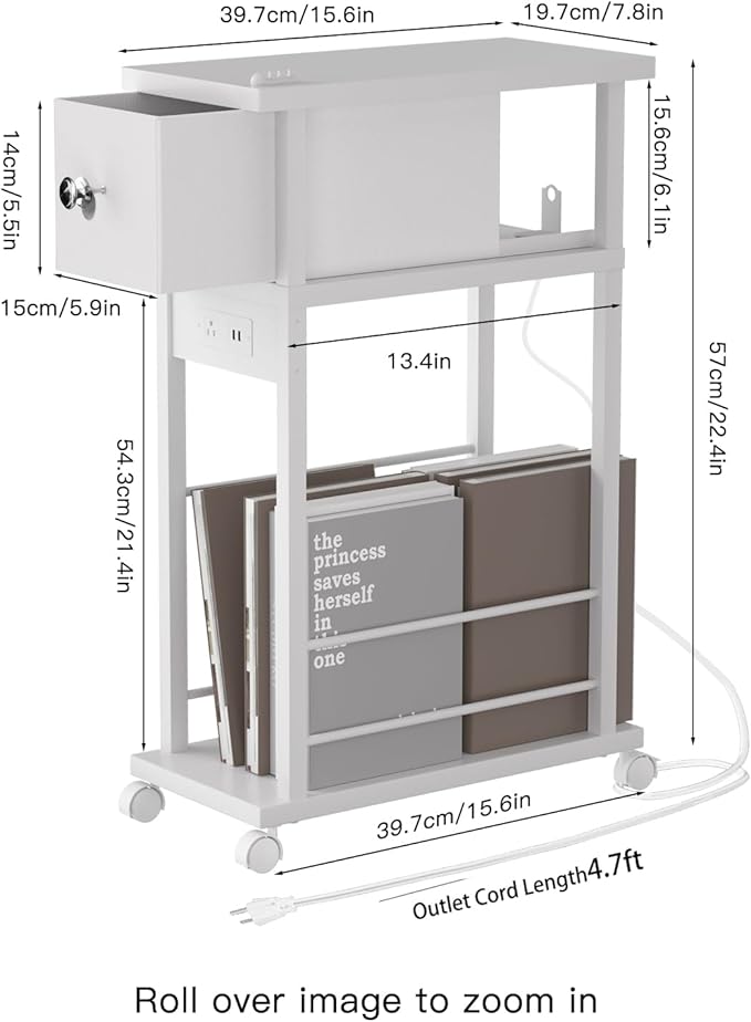 Side Table Set of 2,Side Table with Charging Station and Drawer, Narrow End Table with USB Ports and Outlets for Small Space, Living Room, Bedroom and Office, with 4 Wheels