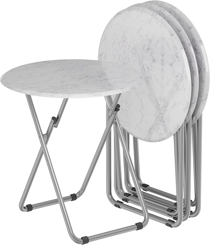 TV Trays Table Set of 4 Round Portable Folding TV Tray Table TV Dinner Tray with Sturdy MDF, No Assembly Required, 17.5 x 17.5 x 26 in (White Marble, 4Pcs)