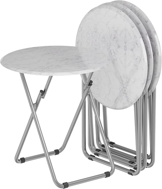TV Trays Table Set of 4 Round Portable Folding TV Tray Table TV Dinner Tray with Sturdy MDF, No Assembly Required, 17.5 x 17.5 x 26 in (White Marble, 4Pcs)