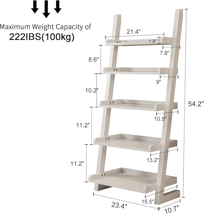 White Wooden Ladder Shelf with Edges, 5-Tier Modern Leaning Bookshelf Ladder – Stylish Space-Saving Bookcase for Living Room, Bedroom & Home Office