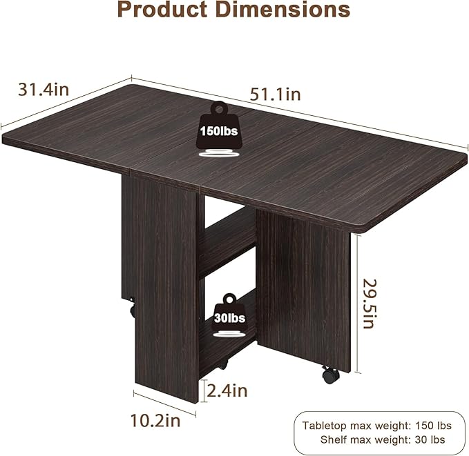 GarveeHome Folding Dining Table, Space Saving Farmhouse Dining Table for 4 Storage Shelf, 6 Wheels Multipose Expandable Kitchen Drop Leaf Table for Small Space (Dark Walnut, 50.1"D x 31.4"W x 29.5"H)
