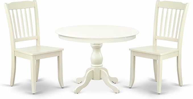 East West Furniture HBDA3-LWH-W 3 Piece Modern Dining Table Set Contains a Round Wooden Table with Pedestal and 2 Dining Chairs, 42x42 Inch, Linen White