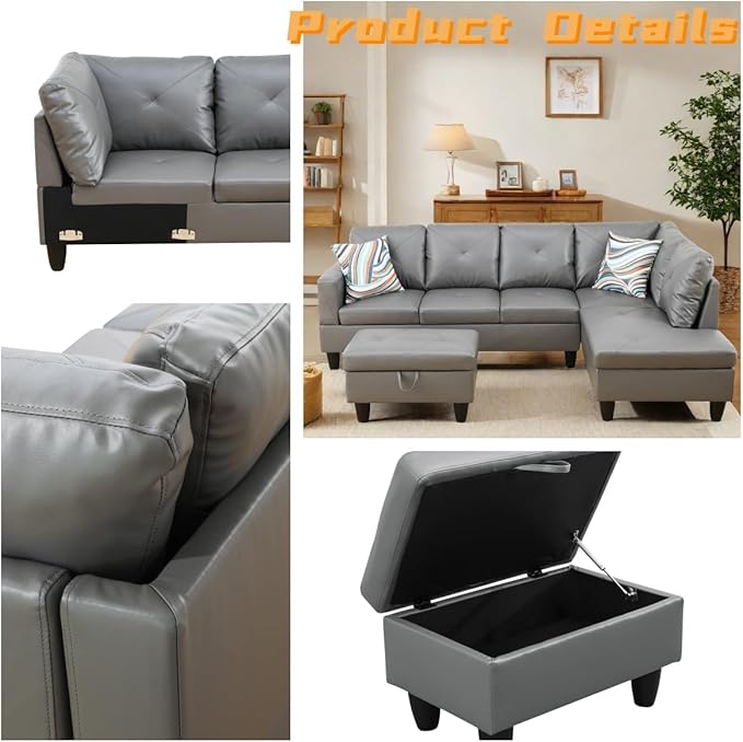 L Shaped Sectional Couch with Otttoman, 97" Leather Sectional Sofa for Living Room Modular Couches with Cup Holders for Bedroom, Apartments, Dark Grey