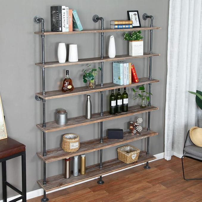 Industrial 6-Tiers Modern Ladder Shelf Bookcase,Solid Wood Storage Shelf,Display Shelving, Wall Mounted Wood Shelves, Pipe Wood Shelves Bookshelf Vintage Wrought Iron Finish (Gray)