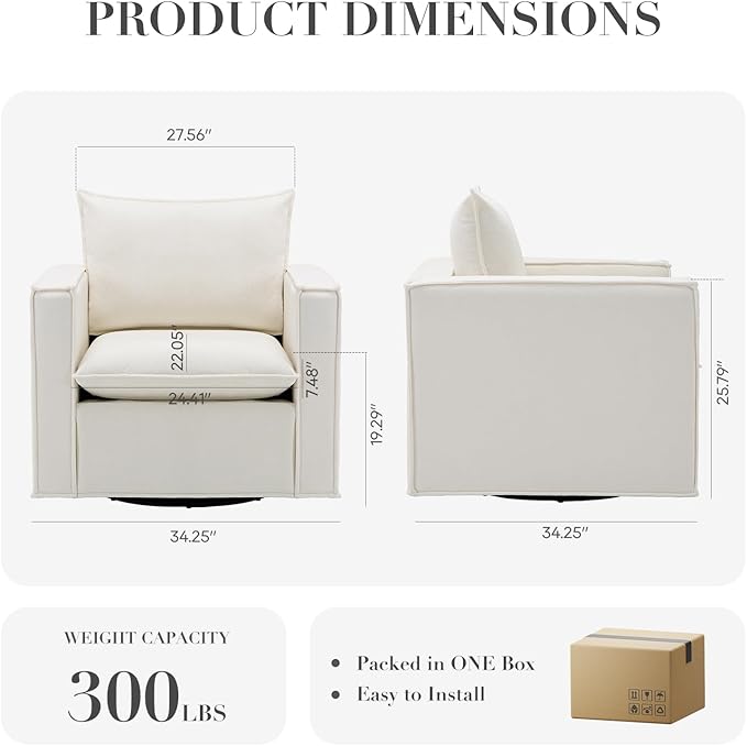 COLAMY Swivel Accent Chair Set of 2, 34 Inches Wide Upholstered Arm Chair with Plump Back Pillow, Modern Sofa Living Room Chair for Bedroom, Corner, Reading Nook-Beige