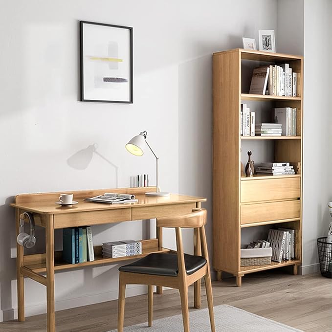 IOTXY Oak Mid-Century Bookcase with Legs - 67" Tall Open Shelves Cube Billy Bookshelf with Double Drawers for Home and Office