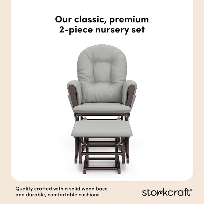 Storkcraft Premium Hoop Glider & Ottoman (Espresso/Light Gray) — GREENGUARD Gold Certified Nursery Glider, Solid Wood Craftsmanship, Smooth-Gliding Nursery Chair and Ottoman, Award-Winning