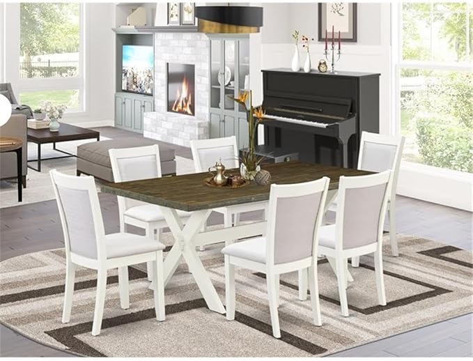East West Furniture X077MZ001-7 7 Piece Dining Room Furniture Set Consist of a Rectangle Dining Table with X-Legs and 6 Cream Linen Fabric Upholstered Chairs, 40x72 Inch, Multi-Color