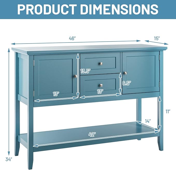 COSTWAY Buffet Sideboard, with 2 Wood Storage Drawers & Open Shelf, Console Table for Living Room Kitchen Dining Room Furniture (Blue)