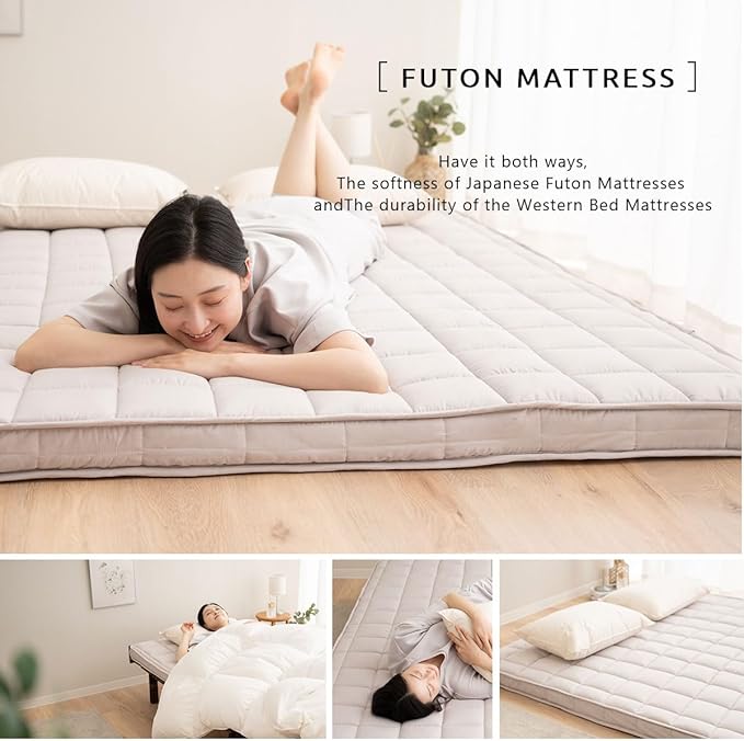 EMOOR Japanese Padded Futon Mattress Machi Queen Gray, Gusset Foldable Storable Elastic Bands Floor Sleeping Guest Bed Tatami Mat