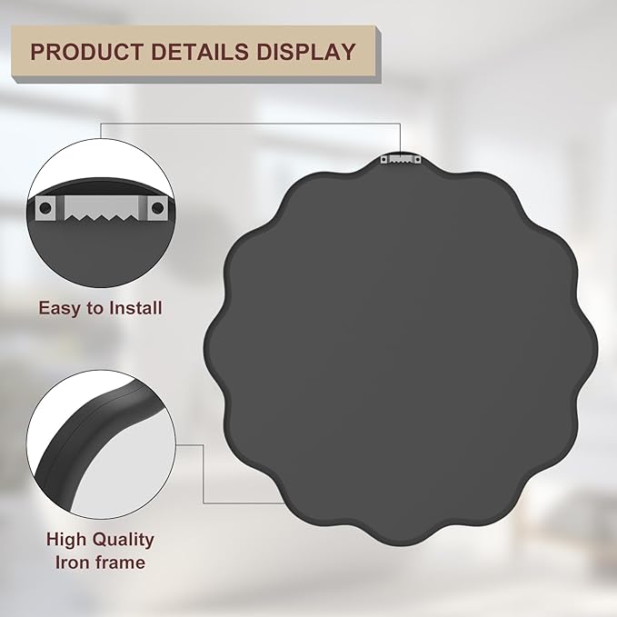 PROHOMEWARE Black Round Mirror 24 Inch Wavy Bathroom Vanity Mirror Black Frame Modern Wall Mirror Decorative Wall-Mounte Anti-Rust, Tempered Glass