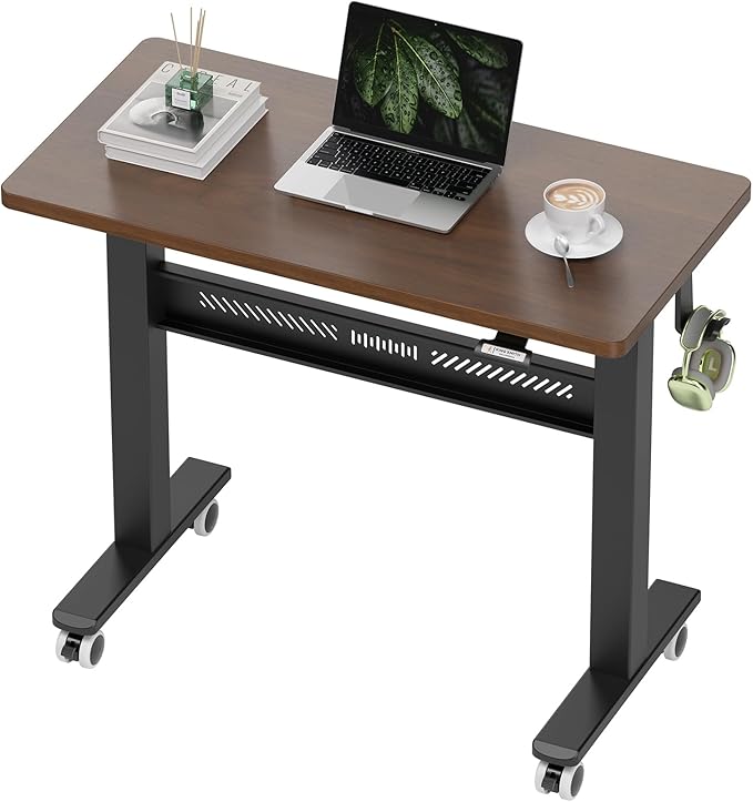 Mobile Walking Pad Desk with Wheels, Pneumatic Small Rolling Standing Desk Riser Height Adjustable (28-43.7") for Treadmill, Portable Computer Table for Home Office, Black Walnut