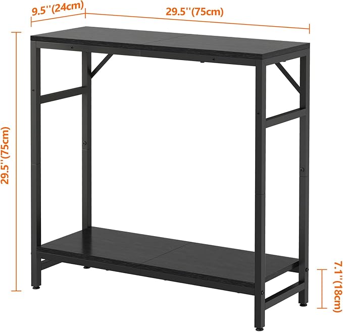 Narrow Console Table for Entryway - 2 Tier, 29.5” Entryway Table with Shelf, Industrial Thin Sofa Table with 2 Support Bar, Display Tables for Living Room, Bedroom, Foyer, Black
