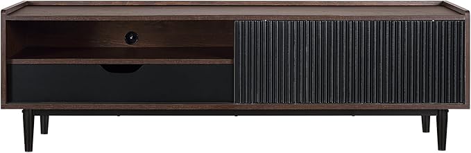 Manhattan Comfort Duane Modern Ribbed 55 Inch TV Stand with 1 Drawer, 2 Shelves, Sliding Door, and Wire Management, Mid-Century Style Entertainment Center and Media Console for Living Room, Black