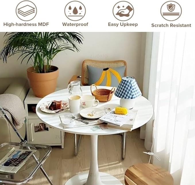 31.2" Tulip Dining Table, White, Perfect for 2-4 People, Mid-Century Modern Style, Round MDF Top with Sturdy Base for Dining Room, Living Room, Cafe