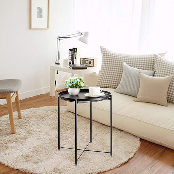 danpinera Metal Black Side Table for Small Spaces Outdoor Patio Table Round Metal Coffee Table Waterproof Removable Tray Table for Living Room Bedroom Balcony Office Black