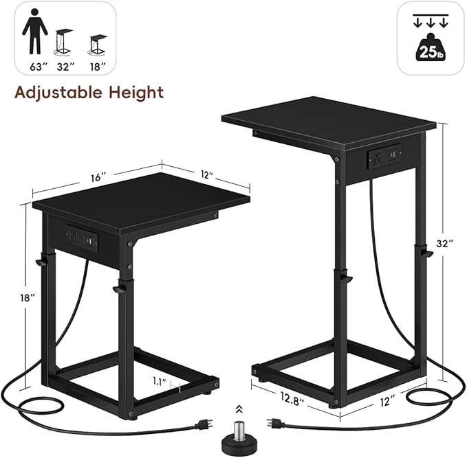 Vagusicc C Shaped End Table with Charging Station, 33" Tall Side Table for Couch, C Table Adjustable Height Small Couch Side Tables, Slide Under Sofa Table TV Tray Tables for Living Room,Bedroom,Black