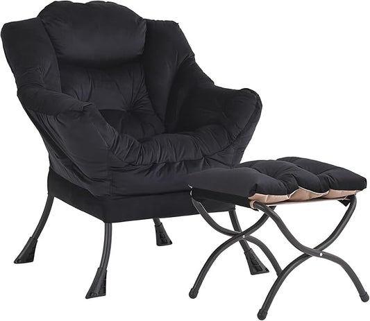 LITA Lazy Chair with Ottoman, Modern Accent Leisure Upholstered Sofa, Contemporary Lounge Reading Chair with Armrests and a Side Pocket for Living Room, Bedroom & Small Space, Black