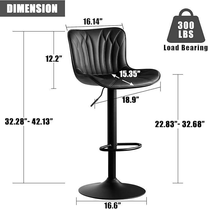 YOUNIKE Black Bar Stools Set of 2 Upholstered Modern Swivel Counter Height Bar Chair with Back Adjustable Kitchen Island Tall Faux Leather Padded Barstools Metal Breakfast