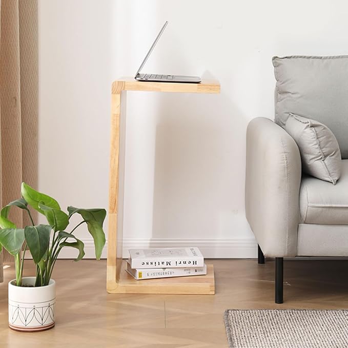 C Shaped End Table, Solid Wood C Side Table for Couch Sofa and Bed, Sofa Tables That Slide Under for Space Saving, Small Snack C Tables for Living Room Bedroom (H 27.2″ - Wood, 2)