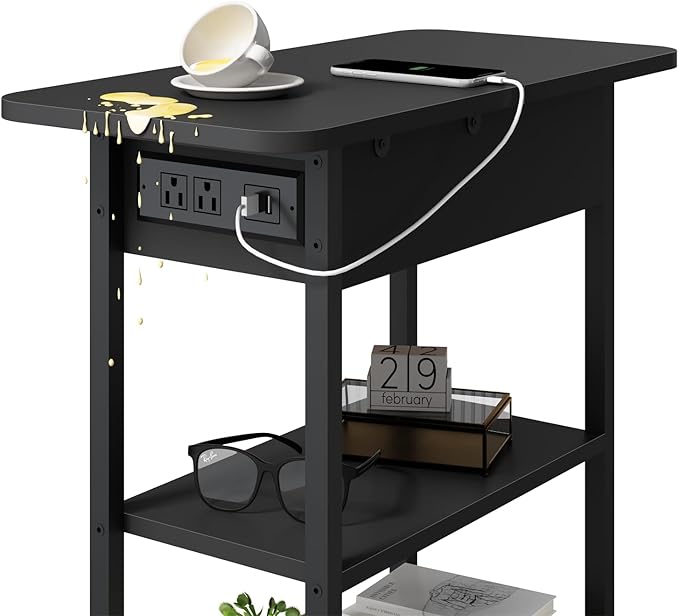 LIDYUK End Table with Charging Station, Set of 2 Flip Top Narrow Side Table for Small Spaces, Nightstands Set of 2 for Bedroom, End Tables Living Room with Storage Shelves, Black