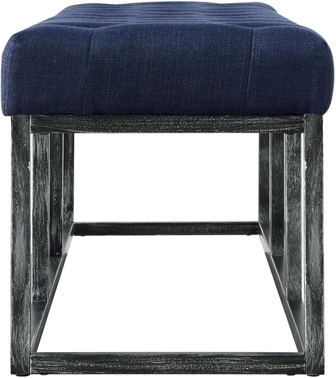 24KF Upholstered Tufted Long Bench Seats with Metal Frame Leg, Linen Bench Ottoman with Padded Seat-Navy Blue