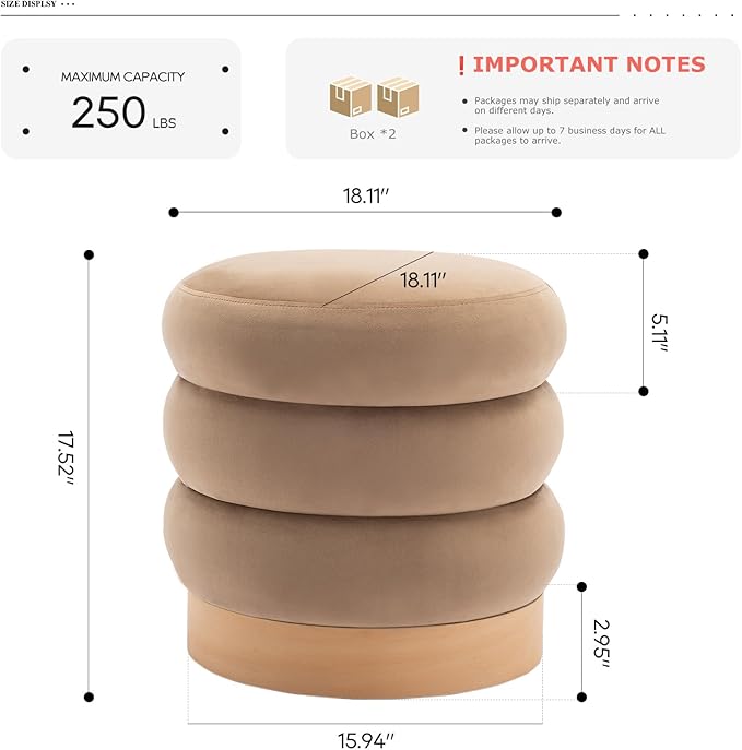 COLAMY Velvet Ottoman Footstool, Tufted Modern Foot Rest Stool with Wood Base for Living Room, Bedroom, Desk, Round Versatile Side End Table, Pouf, Makeup Seat,2pcs,Camel