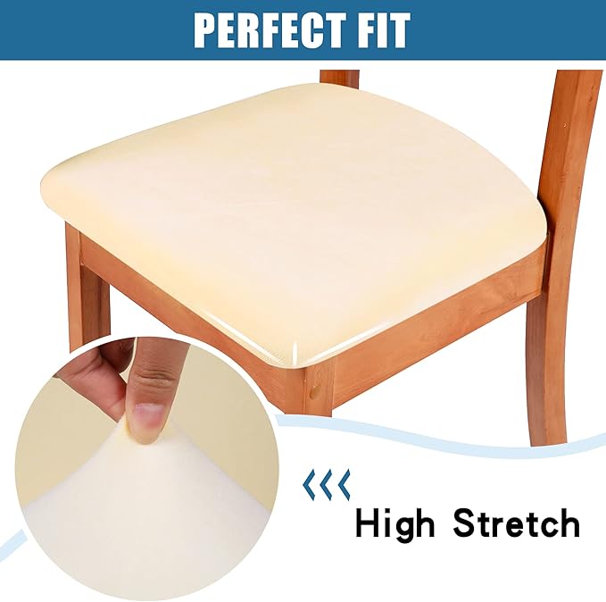Smiry Velvet Seat Covers for Dining Room Chair Set of 6, Stretch Fit Removable Washable Chair Seat Cushion Protector Slipcovers with Ties, Cream
