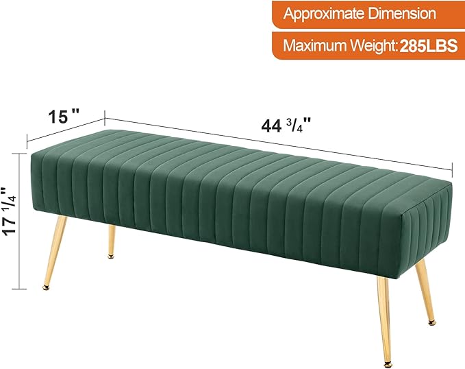 Furniliving 44 Inch Entryway Benches, Upholstered Tufted Striped Fabric Ottoman Bench with Polished Gold Metal Legs for Living Room, Solid Wood Indoor Bench for Foyer (DarkGreen)