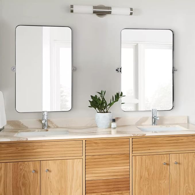 MOON MIRROR Polished Chrome Pivot Mirror for Bathroom, Tilt Bathroom Vanity Rounded Rectangle, Overall 26.33 x 30 in (Mirror 22x 30 in)