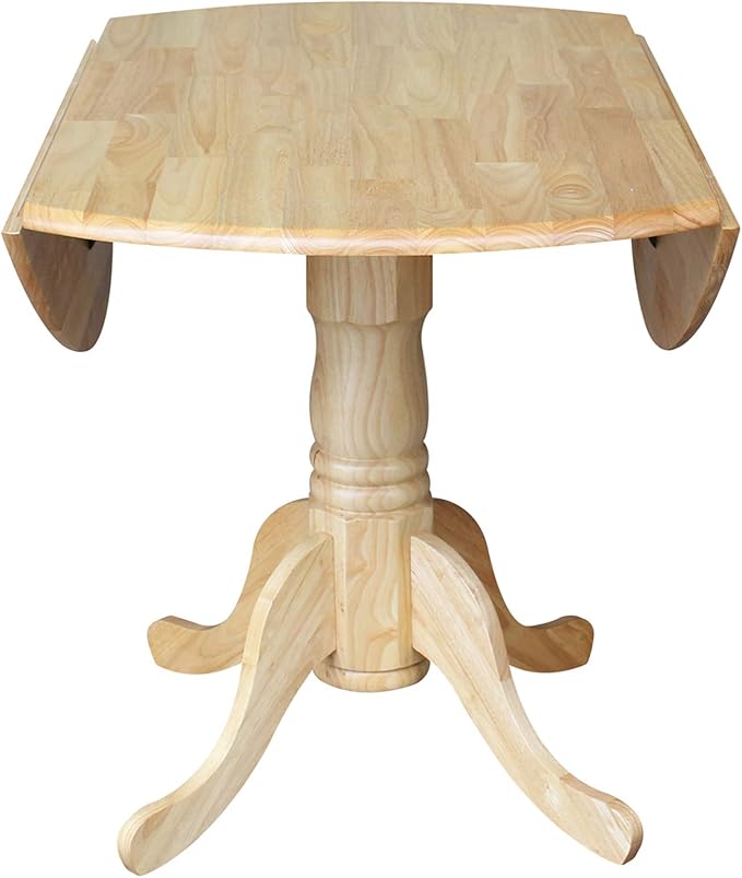 IC International Concepts, 42" Round Dual Drop Leaf Pedestal Dining Table, Solid Real Wood, Sturdy Parawood, Natural
