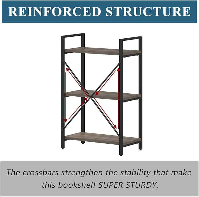 BON AUGURE 3 Tier Bookshelf, Small Rustic Book Shelf, Short Industrial Bookcase, Wood Metal Standing Etagere for Office, Bedroom and Living Room (Greige Oak)
