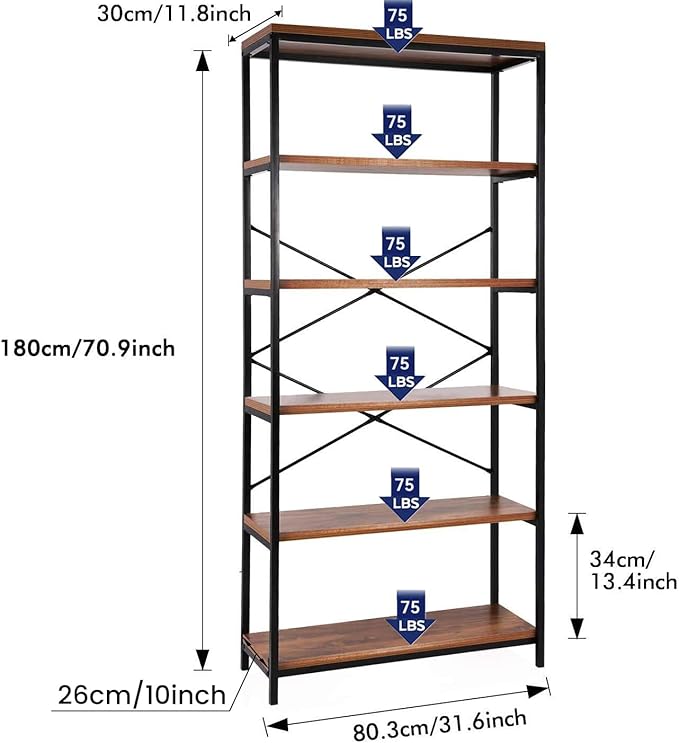 Himimi 6 Tier Industrial Bookshelf, Vintage Standing Storage Shelf, Display Shelving Units, Tall Bookcase, Industrial Metal Book Shelves for Living Room Bedroom and Home Office