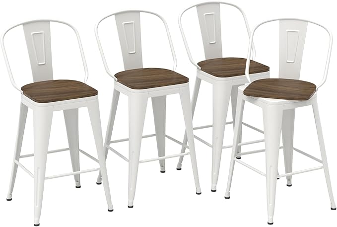 30” Swivel Bar Stools Set of 4, Counter Height Bar Stools Wooden Seat, Metal Industrial Bar Chairs with High Back for Kitchen Island (White)