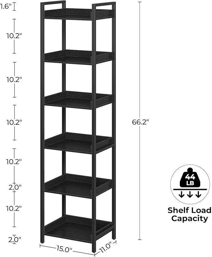 Rolanstar Bookshelf, 6-Tier Storage Rack, Narrow Corner Bookshelf, Display Wooden Shelves for Living Room, Bathroom, Balcony, Kitchen,Black