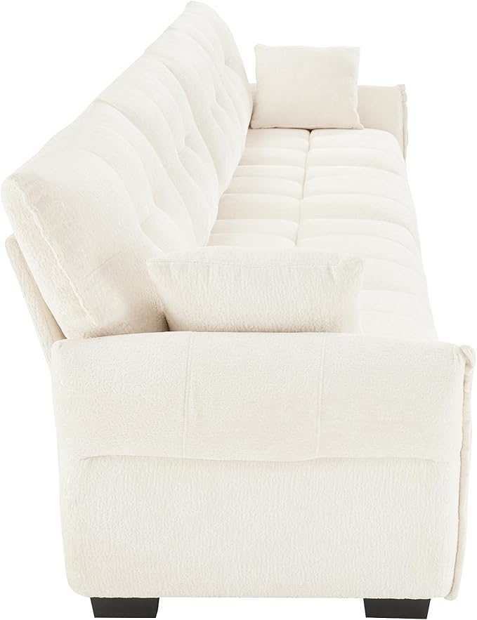 Modern Chenille Fabric 3-Seat Sofa w/ 2 Pillows, Premium Upholstery Living Room Couch with Tufted Backrest & Comfortable Armrests and High-Resilience Memory Foam Cushions,White