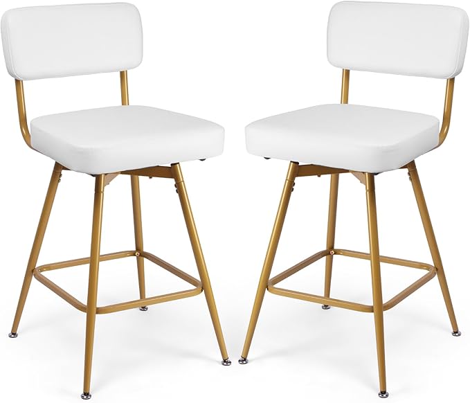Swivel Counter Height Bar Stools Set of 2, Faux Leather Bar Stools with Back, Metal Legs and Footrest, 26" Seat Height Barstools for Kitchen Islands and Home Bars, Easy Assembly, White&Gold