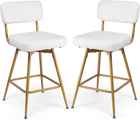 Swivel Counter Height Bar Stools Set of 2, Faux Leather Bar Stools with Back, Metal Legs and Footrest, 26" Seat Height Barstools for Kitchen Islands and Home Bars, Easy Assembly, White&Gold