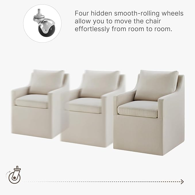Upholstered Dining Chairs with Casters Washable Cover Side Deskchair with Rollers for Diningroom, Living Room, Flax Beige, 2 Box