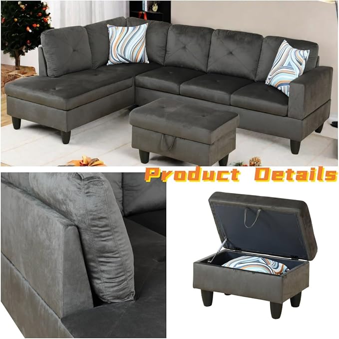 L Shaped Sectional Couch with Otttoman, 97" Sectional Sofa for Living Room Flannel Modular Couches with Cup Holders for Bedroom, Apartments, Grey