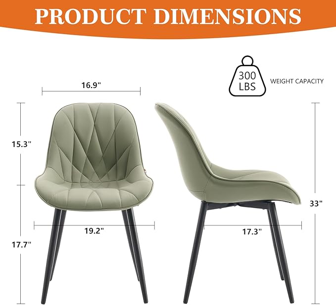 Rowill Dining Chairs Set of 2 - Upholstered Faux Leather Kitchen Chairs with Soft Cushion Backrest, Sturdy Metal Legs & Non-Slip Pads, Perfect Modern Design for Home Dining Room, Kitchen, Olive Green