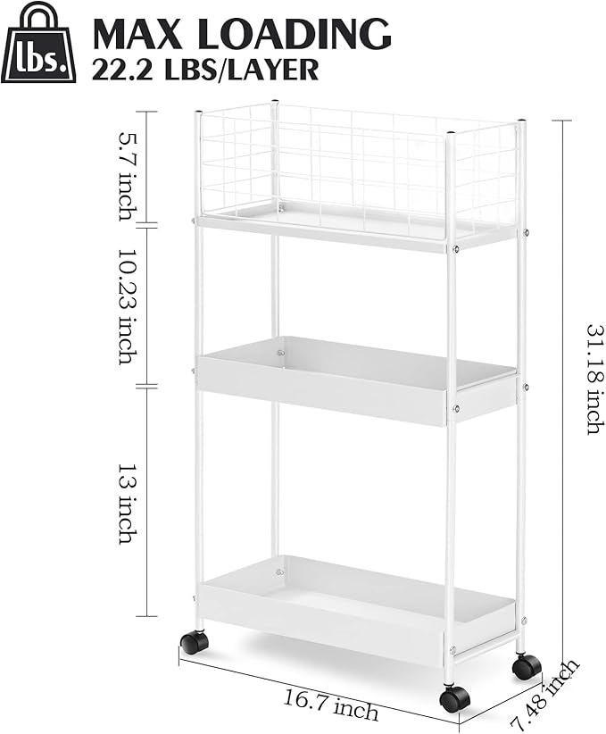 KINGRACK 3-Tier Rolling Utility Cart with Wheels, Metal Slim Storage Cart, Multifunctional Storage Organizer, Rolling Storage Cart for Kitchen, Office, Bathroom, Narrow Place, White