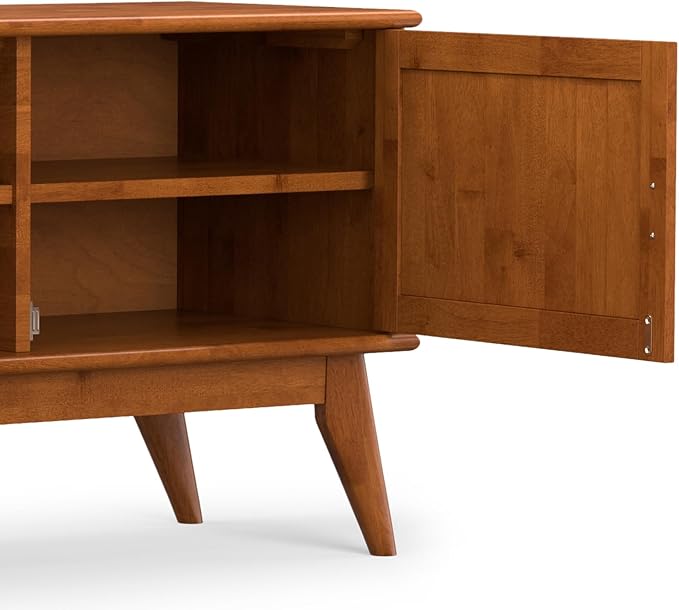 SIMPLIHOME Draper Solid Hardwood 72 inch Wide Mid Century Modern TV Media Stand in Teak Brown for TVs up to 80 inches for The Living Room and Entertainment Center