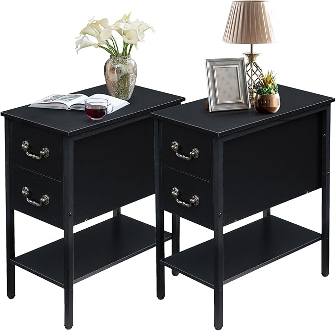 VECELO End Tables,Narrow Nightstand with Drawers and Storage Shelf,Modern Night Stand for Small Spaces, Living Room,Bedroom