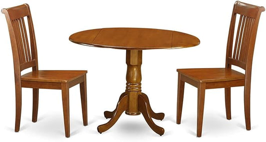 East West Furniture DLPO3-SBR-W 3 Piece Kitchen Table Set for Small Spaces Contains a Round Dining Room Table with Dropleaf and 2 Solid Wood Seat Chairs, 42x42 Inch, Saddle Brown