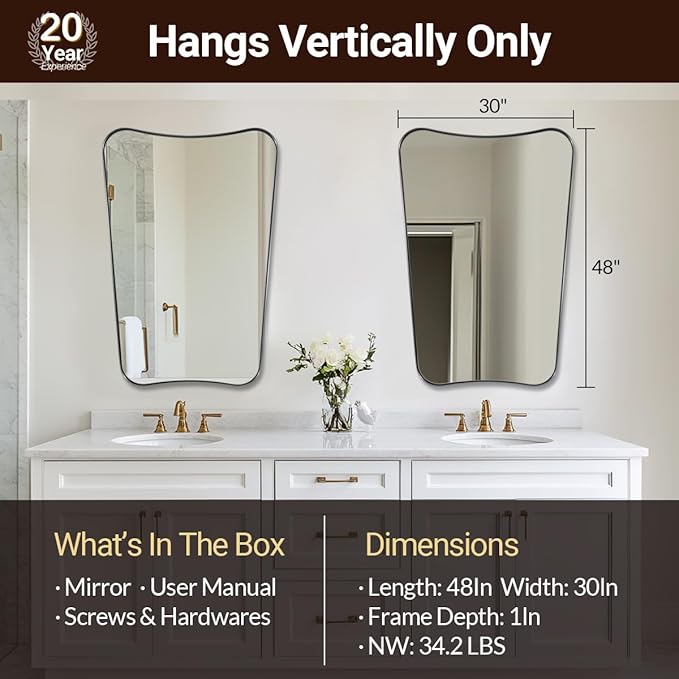 ANDY STAR 30x48 Inch Matte Black Mirror, Modern Bathroom Mirror in Premium Stainless Steel Thin Frame Deep 1", Large Decorative Mirror for Wall (Hangs Vertically Only)