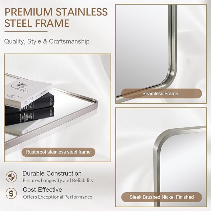 ANDY STAR Brushed Nickel Bathroom Mirror, 40”X30” Satin Nickel Mirror for Vanity, Rounded Rectangle Mirrors in SUS304 Anti-Rust Tube Metal Frame, Wall Mounted Horizontal/Vertical 1’’ Deep