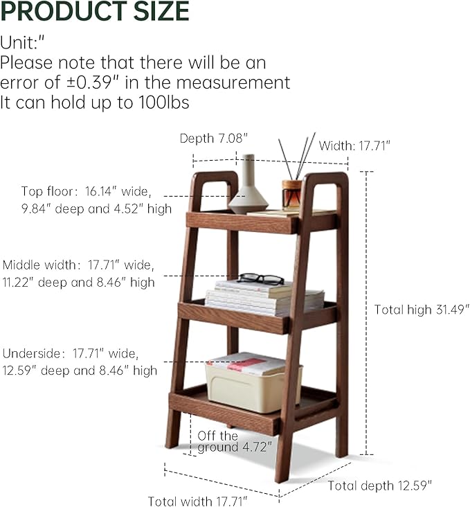 100% Solid Oak 3 Tier Ladder Shelf, Small Bookshelf, Ladder Bookshelf, Bookcase with Stable Frame, Small Table for Living Room Bedroom(Walnut, 12.6" L x 17.72" W x 31.5" H)