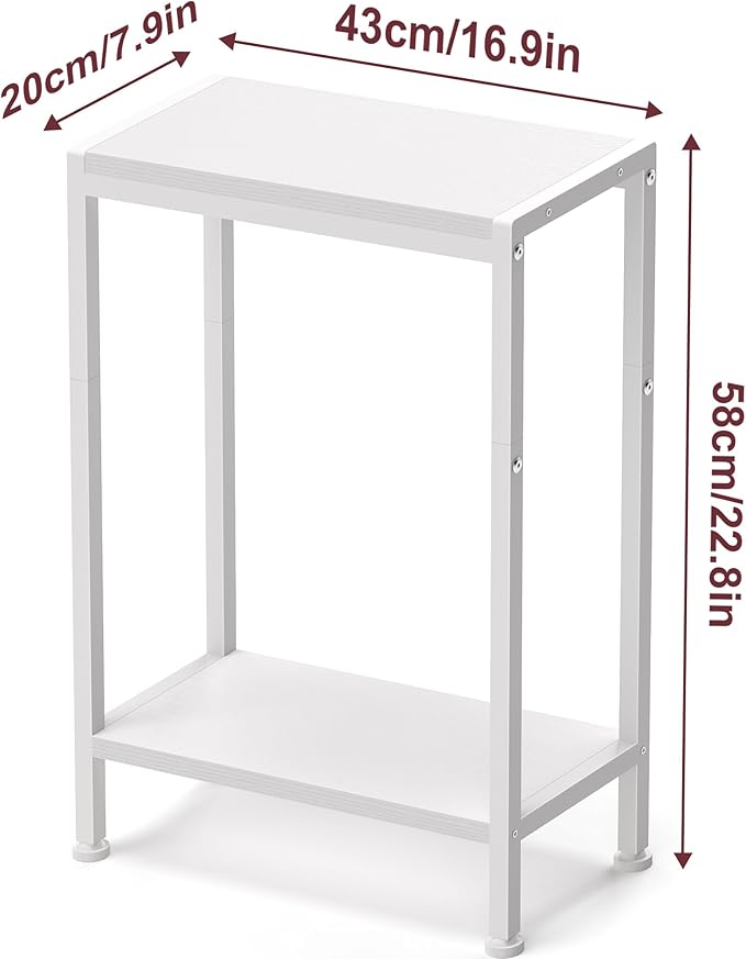 Narrow Side Table for Small Space Set of 2, 2-Tier Small End Table with Shelf Holder, Slim Nightstand, Skinny Snack Couch Table in Living Room, Bedroom, Study, Kitchen and Balcony（White